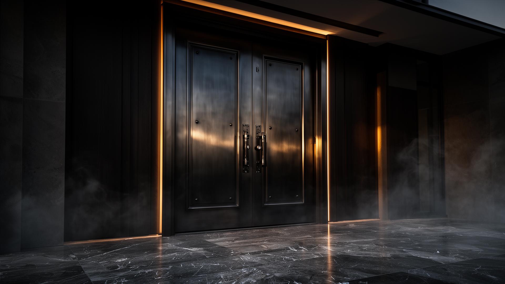 Luxury armored steel door entrance at dusk